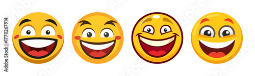 Four mischievous smiling emoji faces with wide grins and big eyes