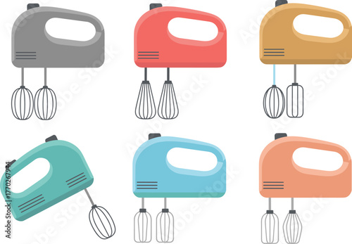 Colorful electric hand mixers set, kitchen appliance vector illustration, modern cooking tools, household equipment, minimal design, isolated on white background