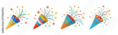 Four colorful party poppers exploding with confetti and streamers