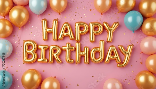 Pink icing cake with gold “Happy Birthday” balloons spelling the message surrounded by pastel balloons.