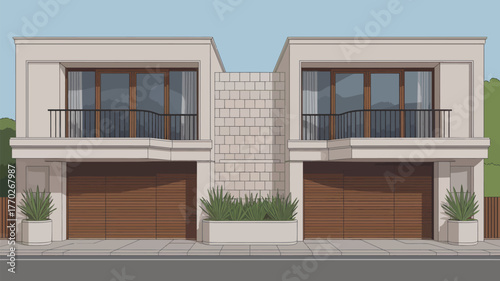 Illustration of two modern townhouses with balconies and garage doors on a street view scene
