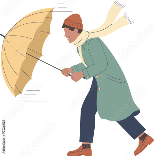 Windy day struggle, person walking with umbrella, strong gusts, stormy weather, resistance, motion, winter outfit, urban wind, dramatic pose, outdoor scene