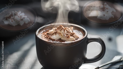 Serving Hot Chocolate With Whipped Cream in Black Mugs, Close Up