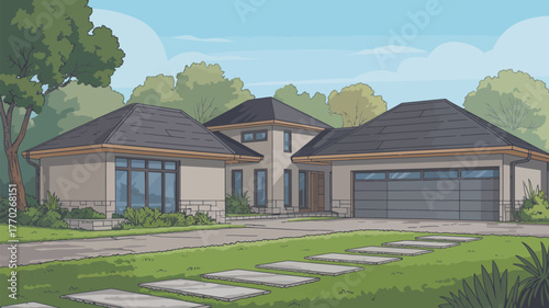 Illustration of a modern house with a driveway and trees under a blue sky on a sunny day