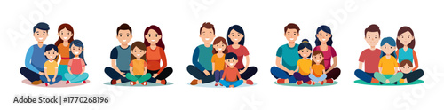 Happy diverse families sitting together holding colorful objects enjoying time