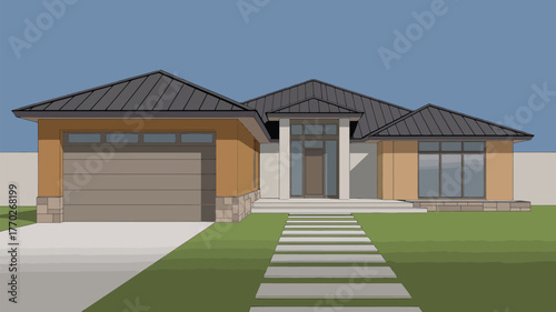 Illustration of a one story house with a garage and a stone walkway leading to the front door