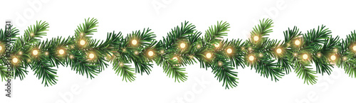 Seamless decorative christmas border with glowing lights and coniferous branches isolated on white background	