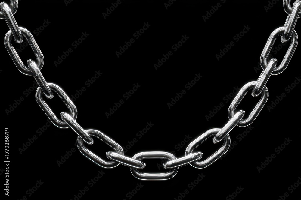 Fototapeta premium Sliver Chain. Isolated Metallic Link on Black Background - 3D Rendering Illustration