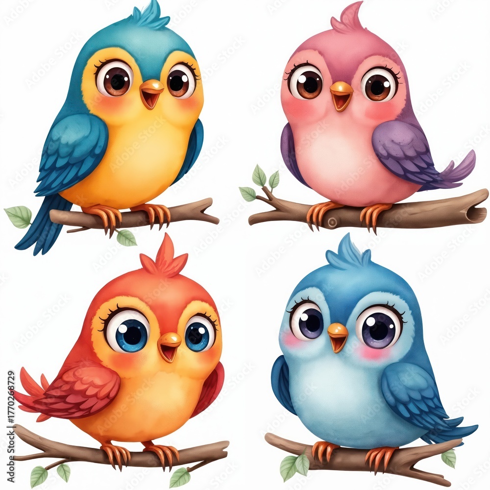 Fototapeta premium Four cute cartoon birds with big eyes sit on tree branches. Colorful avian characters look cheerful and playful. This illustration set is perfect for kids designs.