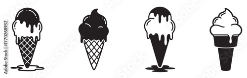 Black and white vector template featuring various ice cream illustrations including cones scoops and Popsicle in a clean modern and graphic dessert themed layout, vector illustration.