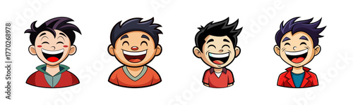Four happy cartoon boys laughing joyfully expressing genuine delight