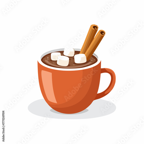 A vibrant illustration of a warm cup of hot chocolate topped with fluffy white marshmallows and two aromatic cinnamon sticks, served in an orange mug.