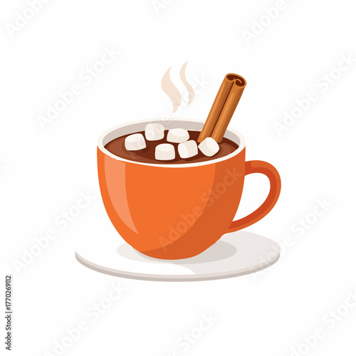 Illustration of a cup of hot chocolate with marshmallows and a cinnamon stick.