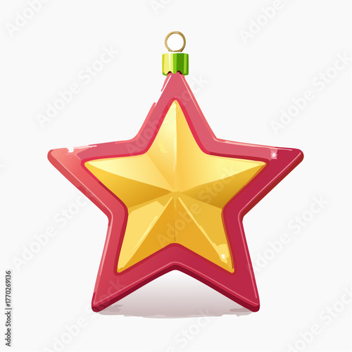 A shiny red and gold star-shaped Christmas ornament with a loop for hanging.