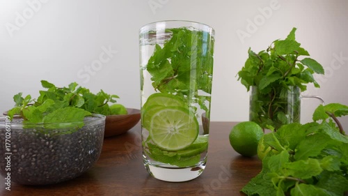 Water pouring into a glass with lemon slices and mint on wooden table.
