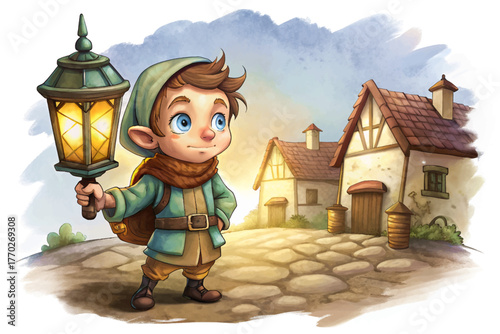 Little child dressed as ghost walking through village street at night with lantern light