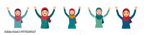 Happy women in hijabs celebrating together with raised arms joyfully