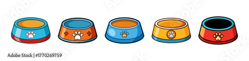 Collection of colorful pet food bowls isolated on a