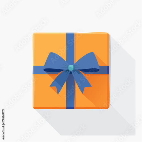 A square orange gift box with a blue ribbon and bow, casting a long shadow.