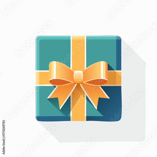 A flat design illustration of a teal gift box with a golden yellow ribbon and bow, seen from a top-down perspective on a white background.