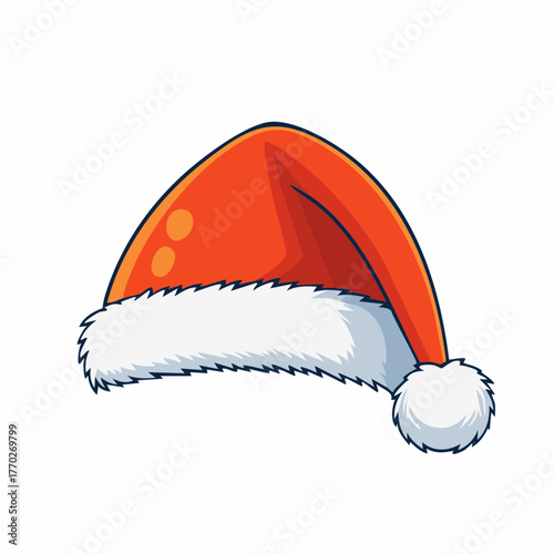 A vibrant cartoon illustration of a classic red Santa hat with a white fluffy brim and pom-pom, isolated on a clean background.