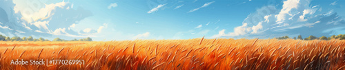 ripe golden wheat field stretching to the horizon beneath a bright blue sky with fluffy clouds. Generative ai vector illustration. Wide banner image