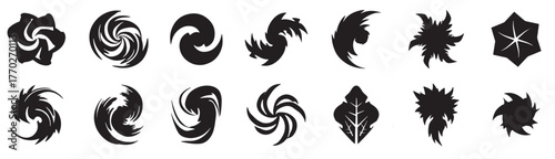 Spiral swirl motion energy texture logo abstract geomatic shape botanical outline flower decorative icon company business set symbol vintage circle leaf fire water bird wing retro vector illustration.
