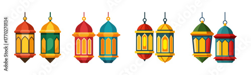 Collection of colorful ramadan lanterns hanging decorations for celebration