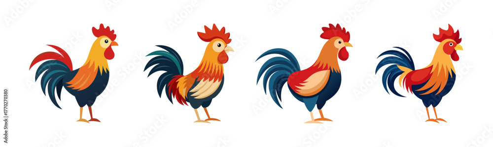 Fototapeta premium Colorful roosters collection simple art graphics isolated
