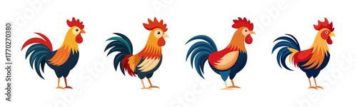 Colorful roosters collection simple art graphics isolated