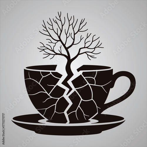 Cracked coffee cup with bare tree growing from it on saucer broken