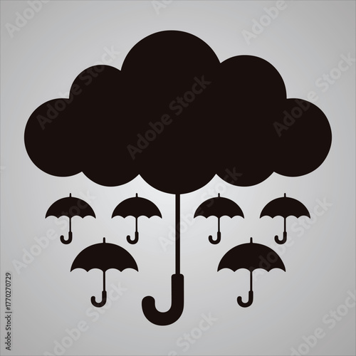 Black cloud raining multiple black umbrellas on a gray background weather protection