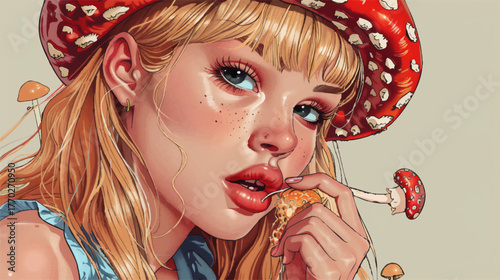 girl wearing a red mushroom cap hat, holding fungi, evoking fantasy, nature, and surreal aesthetics. Generative ai vector colorful illustration.