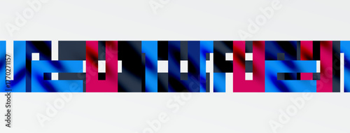 Abstract geometric shapes, vibrant colors, horizontal arrangement. Blue, red, black dominate white background. Modern design elements present.