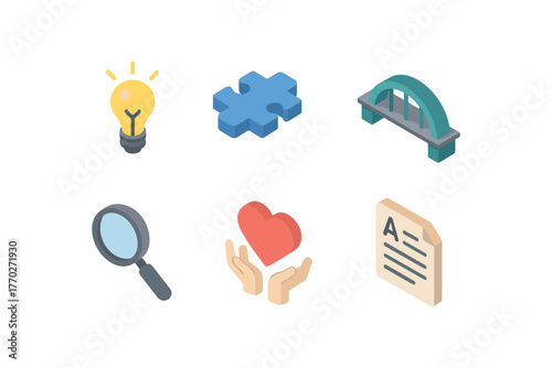 isometric icon items isolated on white background understanding lightbulb moment understanding puzzle piece understanding bridge diagram understanding magnifying glass understanding empathy