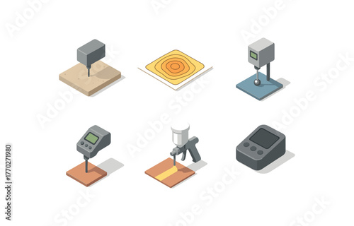 isometric icon items isolated on white background surface texture probe surface contour map surface tension tester surface finish gauge surface coating applicator surface reflectance meter