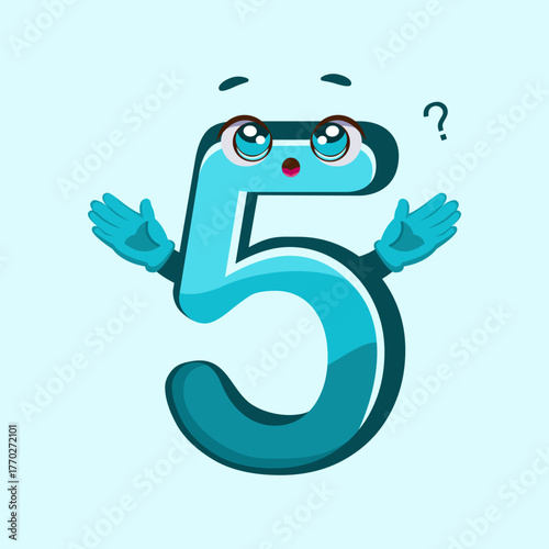 Blue number five character with funny questioning expression, perfect for fun learning materials and colorful design concepts.