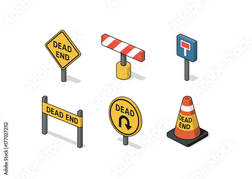 isometric icon items isolated on white background dead cul de sac sign dead barrier bollard dead warning reflector dead closure tape dead turn around marker dead roadblock cone