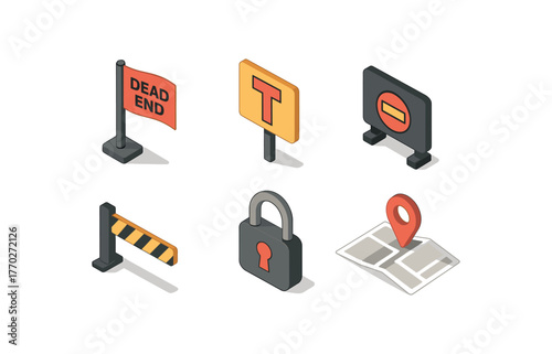 isometric icon items isolated on white background dead of line flag dead impasse chart dead termination buffer dead stopper gate dead lock shackle dead blind alley map