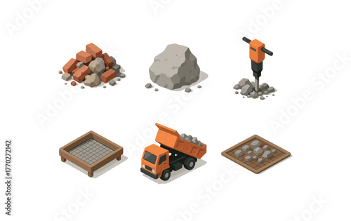 isometric icon items isolated on white background rubble collapsed brick heap rubble concrete fragment rubble rock breaker hammer rubble sifting mesh rubble removal truck rubble