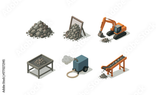 isometric icon items isolated on white background rubble crushed stone pile rubble debris screen rubble clearing excavator rubble sorting grid rubble dust suppression unit rubble aggregate