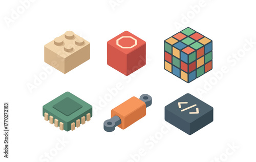 isometric icon items isolated on white background building brick engine stopper puzzle cube memory cache hydraulic actuator code snippet
