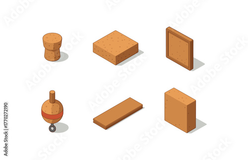isometric icon items isolated on white background cork bottle stopper cork insulation tile cork bulletin board cork float buoy cork flooring plank cork acoustic panel