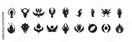 Business symbol abstract geomatic shape decorative botanical flower outline spiral swirl energy motion texture set vintage circle leaf fire water bird wing retro, vector illustration.