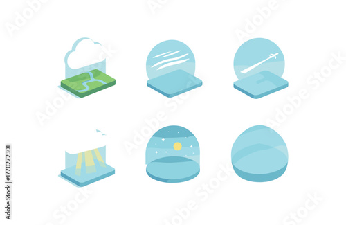 isometric icon items isolated on white background sky troposphere map sky cirrus veil sky contrail plume sky light beam shaft sky celestial dome sky air domain