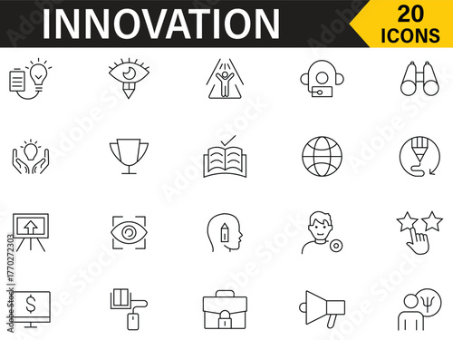 Innovation line icon set. Set of 20 icons related to innovation. Collection of technology, success, idea, creativity, lightbulb and more symbol. Vector illustration.
