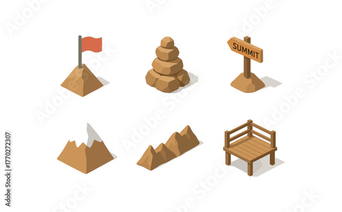 isometric icon items isolated on white background summit flag pole summit pile summit trailhead sign summit frost cap summit ridge line summit viewpoint deck