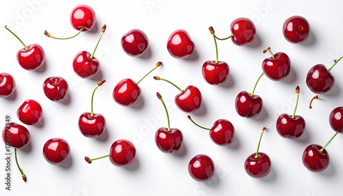 Overhead Flat Lay of Fresh Dark Red Cherries with Green Stems on White Background Minimalist Fruit Still Life Pattern