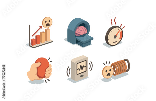 isometric icon items isolated on white background fear phobia chart fear scan fear cortisol spike meter fear stress ball fear tremor sensor fear reflex coil