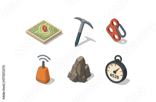 isometric icon items isolated on white background summit topo map summit ice axe summit belay anchor summit GPS beacon summit rock outcrop summit altimeter reading